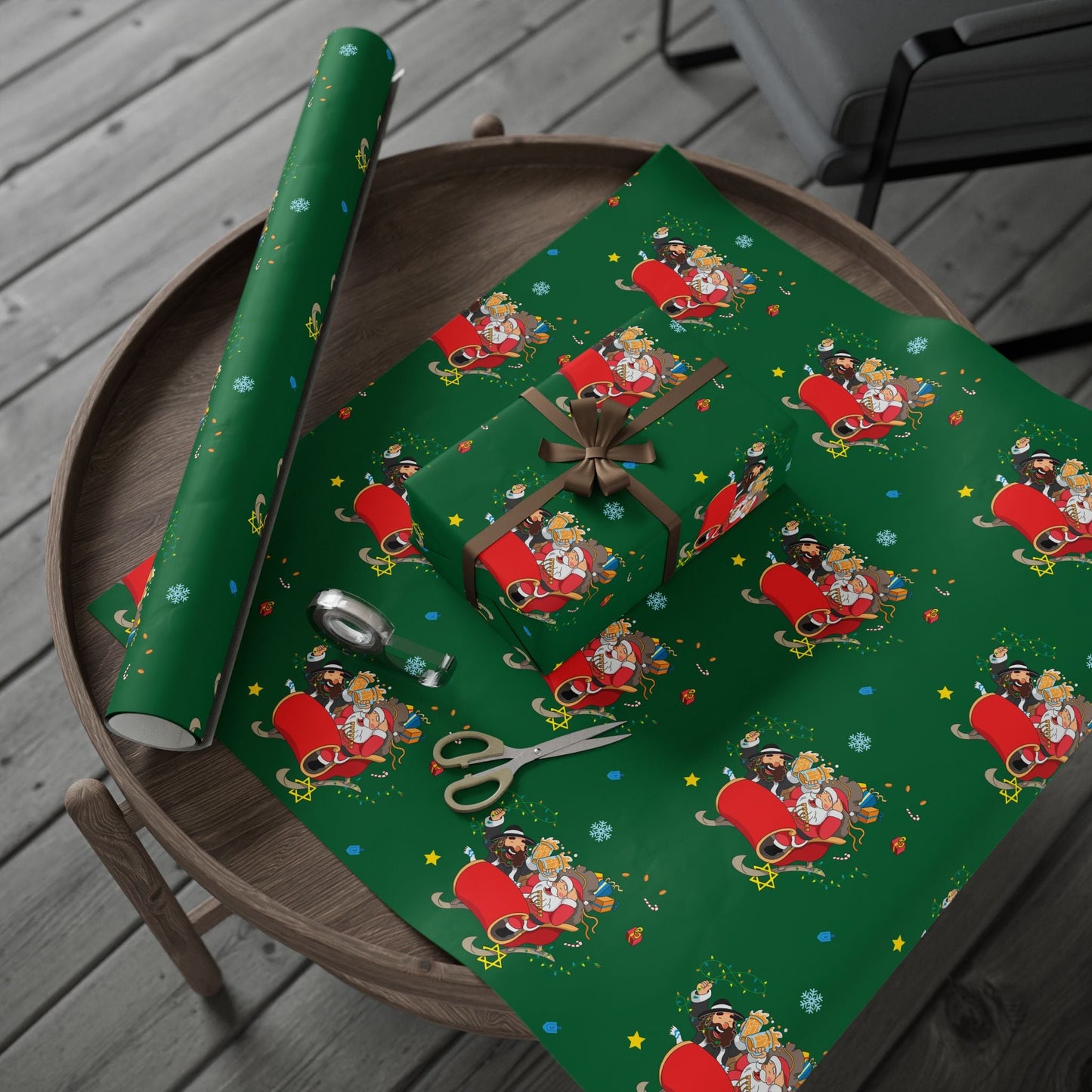 Santa & Rabbi Sleigh Ride Chrismukkah Wrapping Paper - Green - Yamaclaus - Home Decor