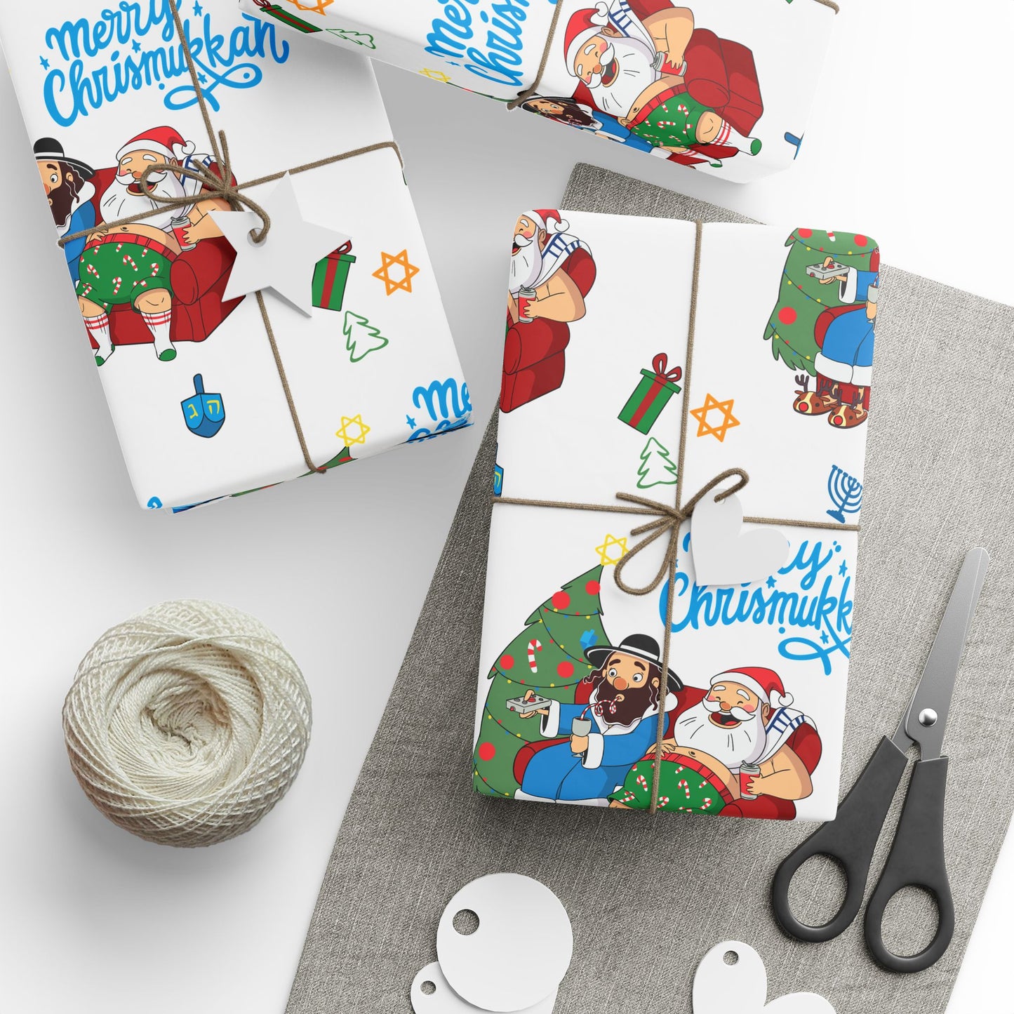Santa & Rabbi Couch Chrismukkah Wrapping Paper - White
