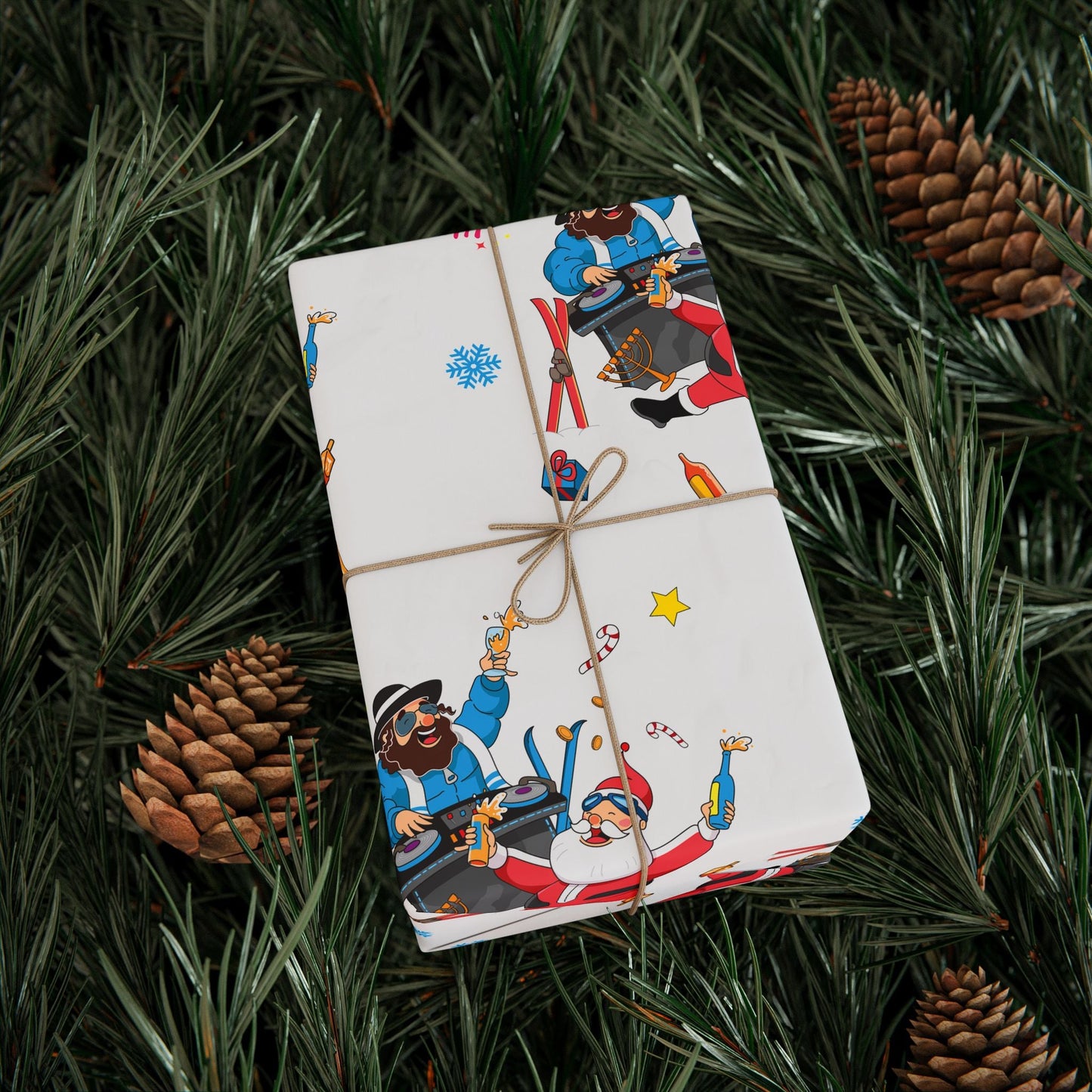 Santa & Rabbi Après - Ski Chrismukkah Wrapping Paper – White - Yamaclaus - Home Decor