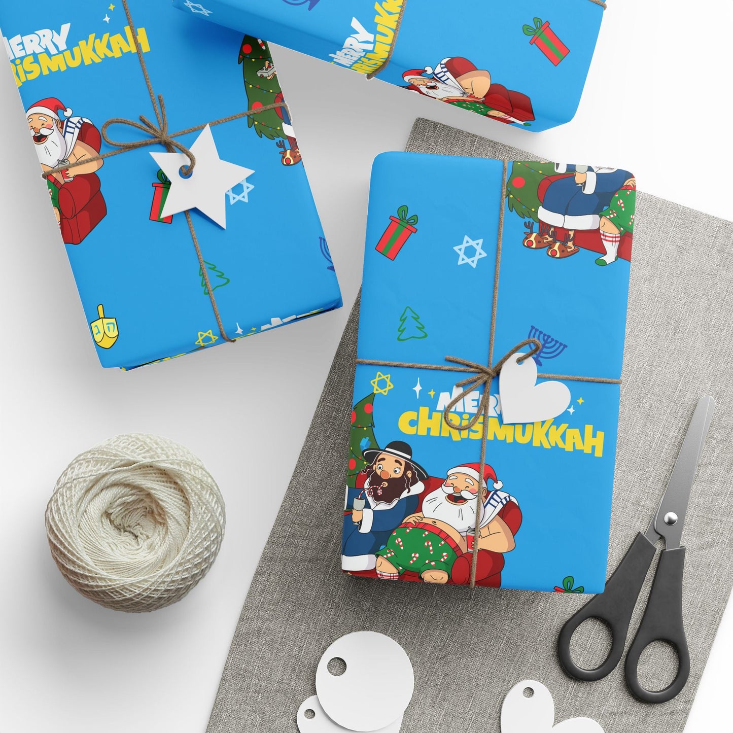 Santa & Rabbi Couch Chrismukkah Wrapping Paper - Blue - Yamaclaus - Home Decor