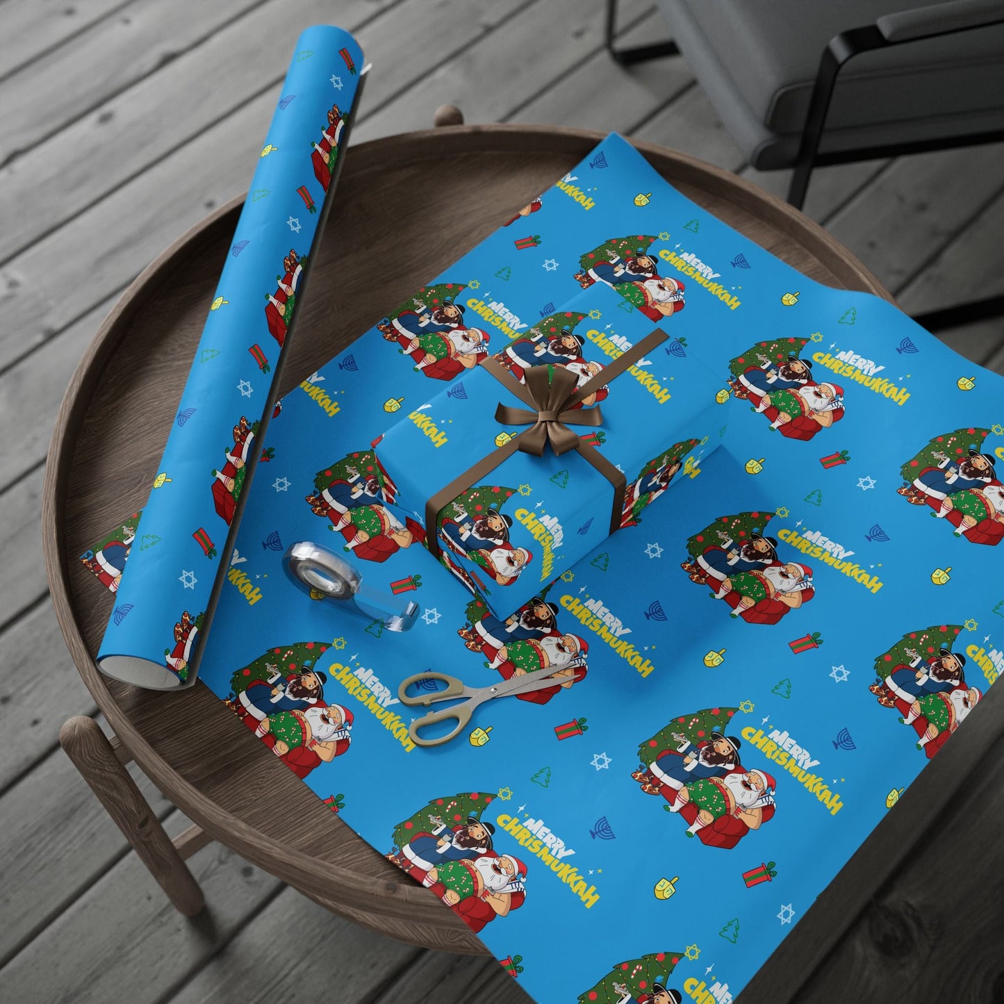 Santa & Rabbi Couch Chrismukkah Wrapping Paper - Blue - Yamaclaus - Home Decor
