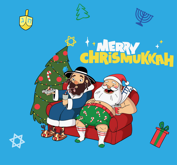 Santa & Rabbi Couch Chrismukkah Wrapping Paper - Blue