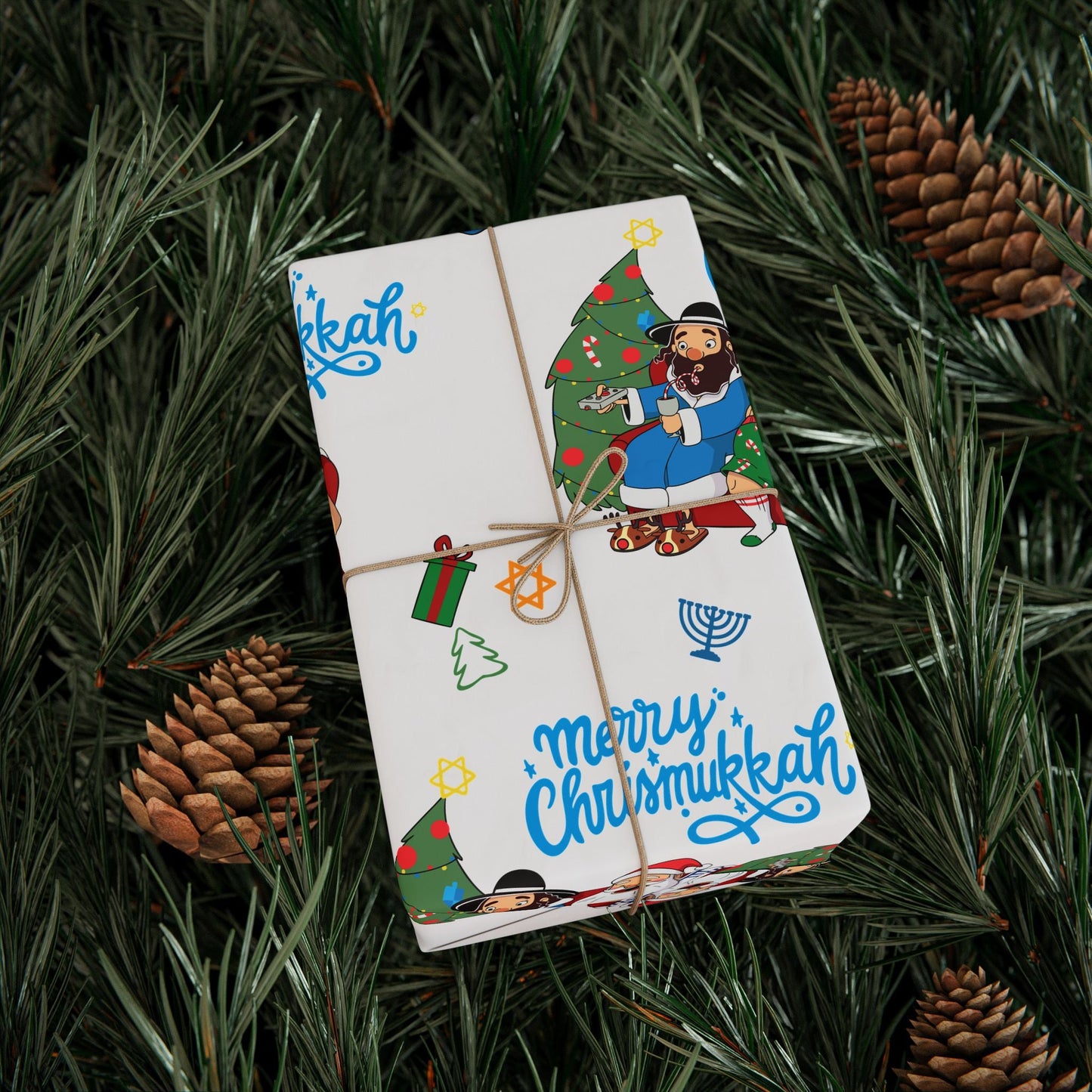 Santa & Rabbi Couch Chrismukkah Wrapping Paper - White - Yamaclaus - Home Decor