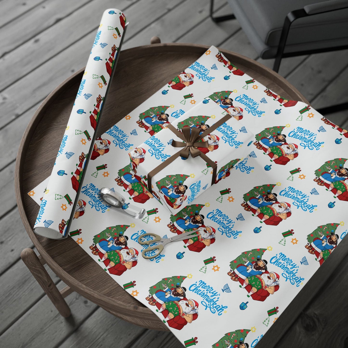 Santa & Rabbi Couch Chrismukkah Wrapping Paper - White - Yamaclaus - Home Decor